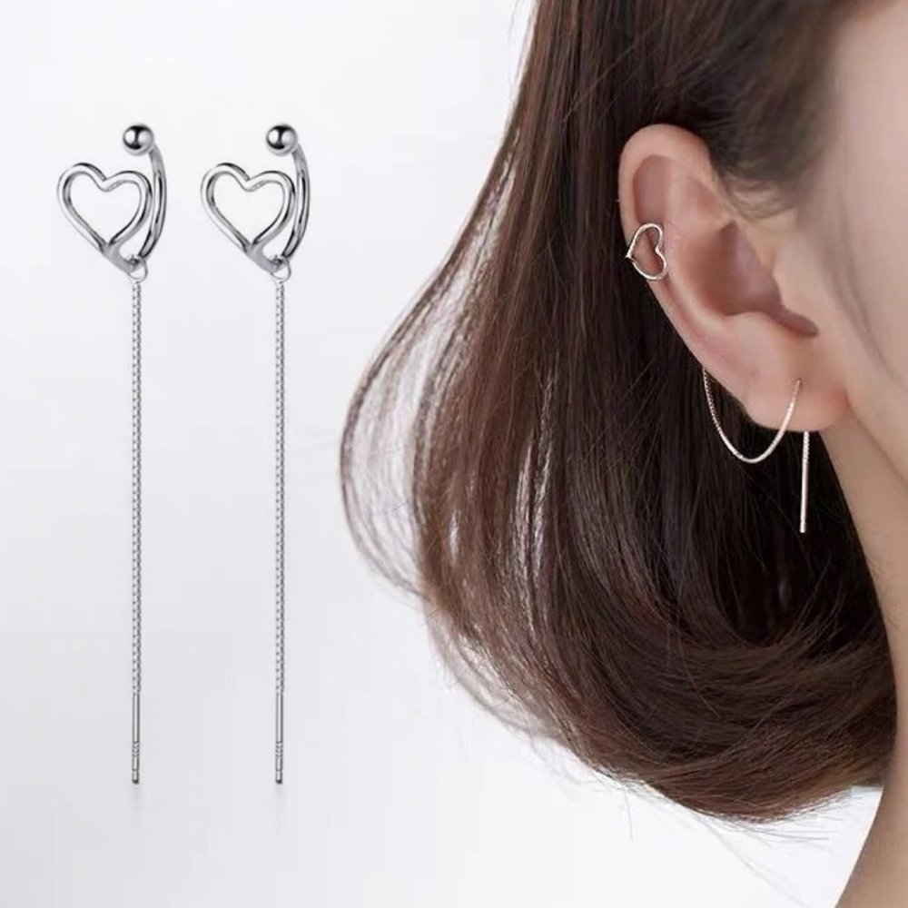 NEW 925 Sterling Silver Heart Cuff Chain Earrings